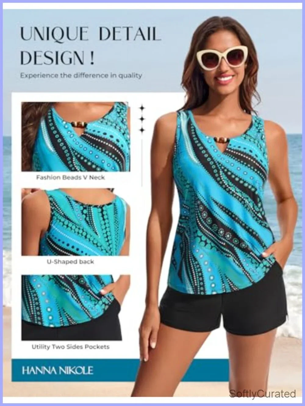 Modest Tankini Swimsuit with Bead Neckline & Swim Shorts